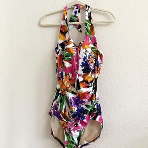 Maxine Of Hollywood Women’s Size‎ 10 Swimsuit One Piece Floral Green Pink Lined